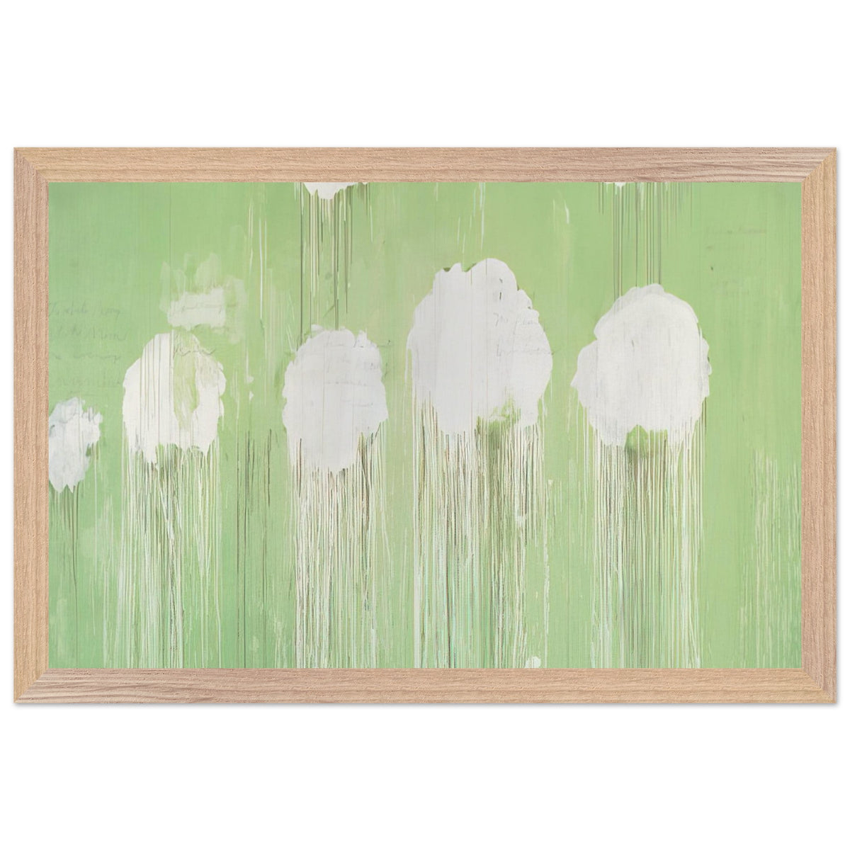 Untitled (Peony Blossom Painting) by Cy Twombly framed art print; featuring delicate white peony blossoms against a soft, luminous green background; size 28 × 43 cm (11 × 17 in); wood frame.