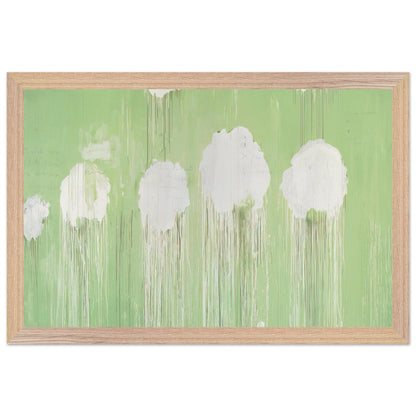 Untitled (Peony Blossom Painting) by Cy Twombly framed art print; featuring delicate white peony blossoms against a soft, luminous green background; size 28 × 43 cm (11 × 17 in); wood frame.
