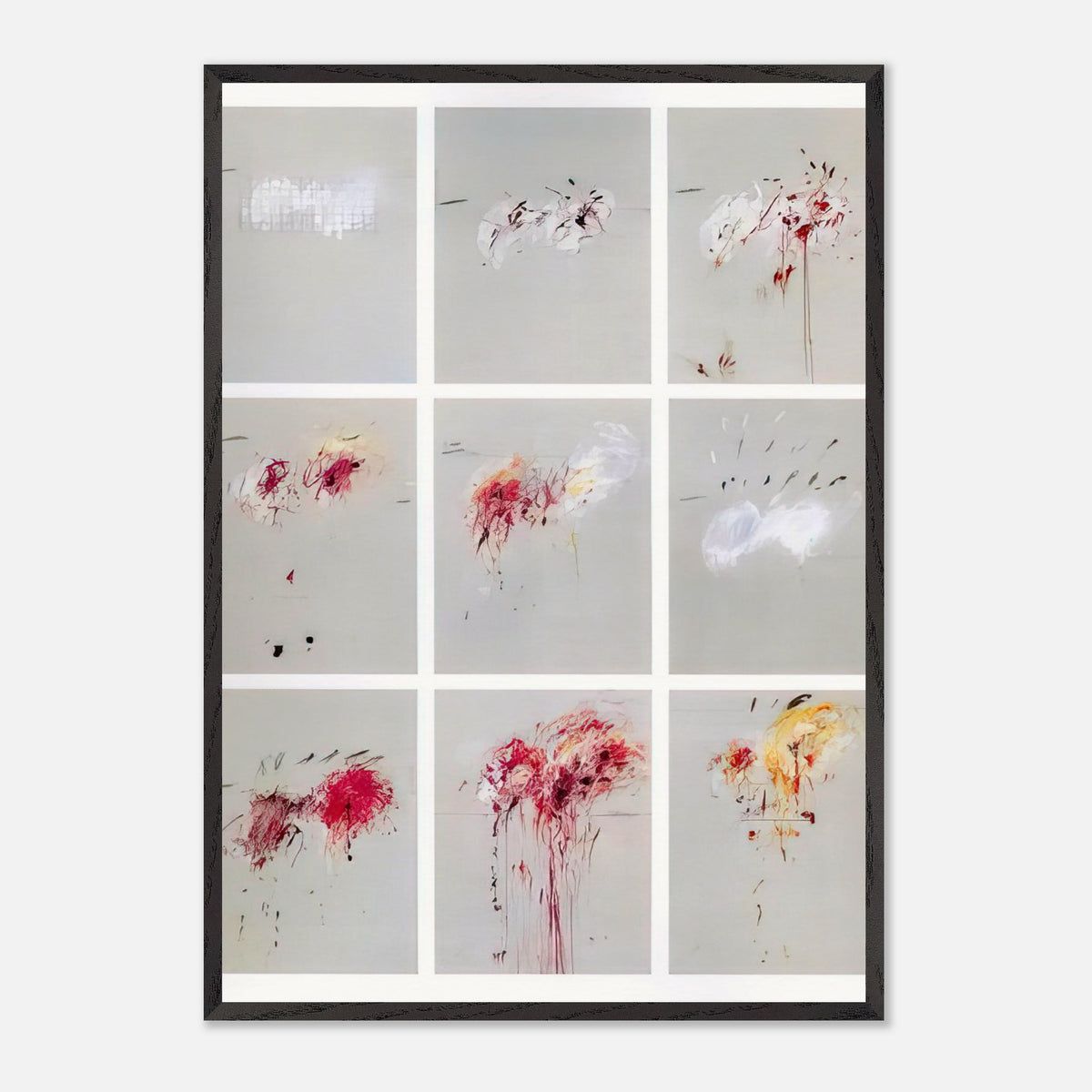 Nine Discourses on Commodus by Cy Twombly, framed art print, nine individual panels distinguished by muted gray backgrounds