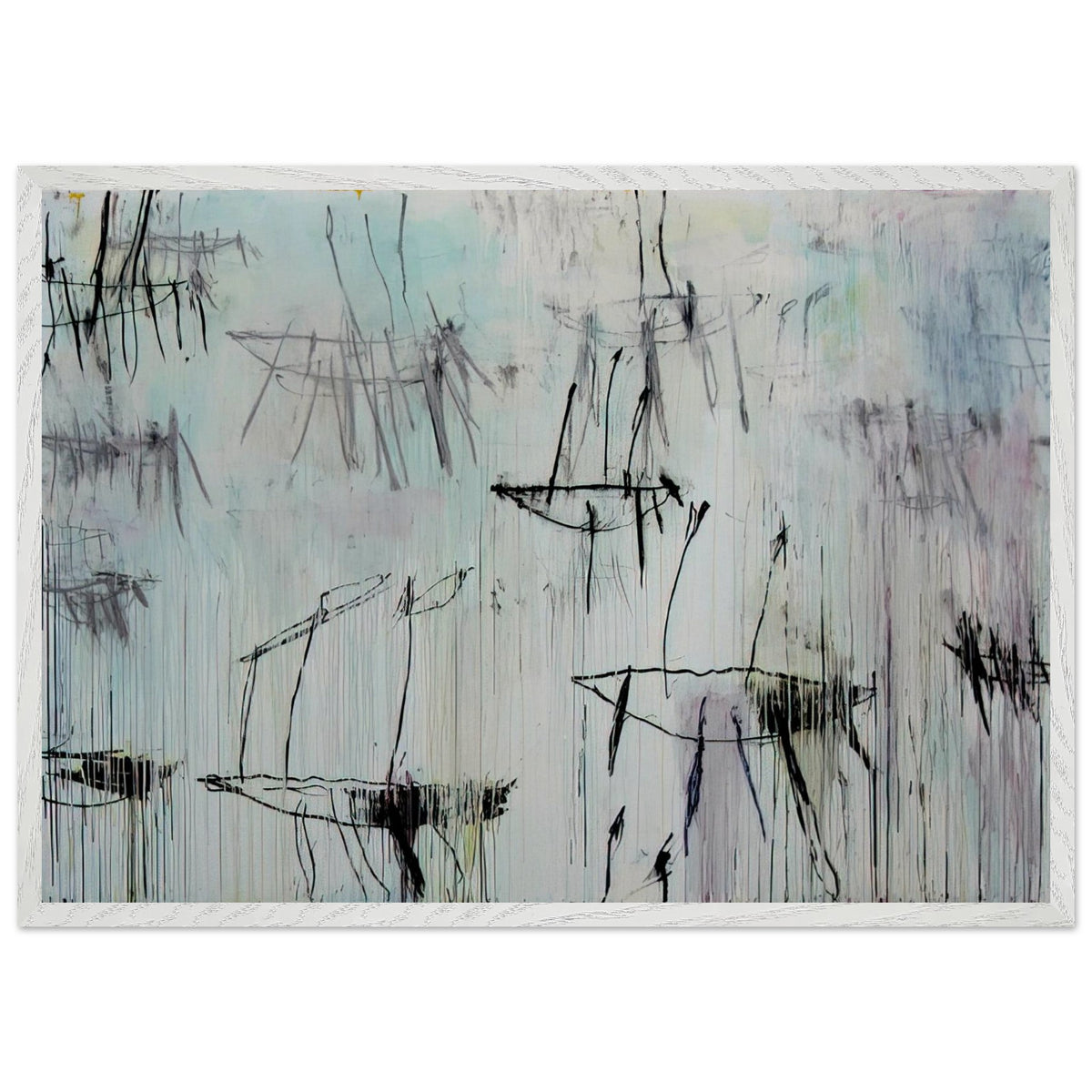 Lepanto, Part V by Cy Twombly framed art print; featuring a pale blue and ivory background, expressive black lines, delicate gray marks, subtle pink undertones; size 28 × 43 cm (11 × 17 in); white frame.