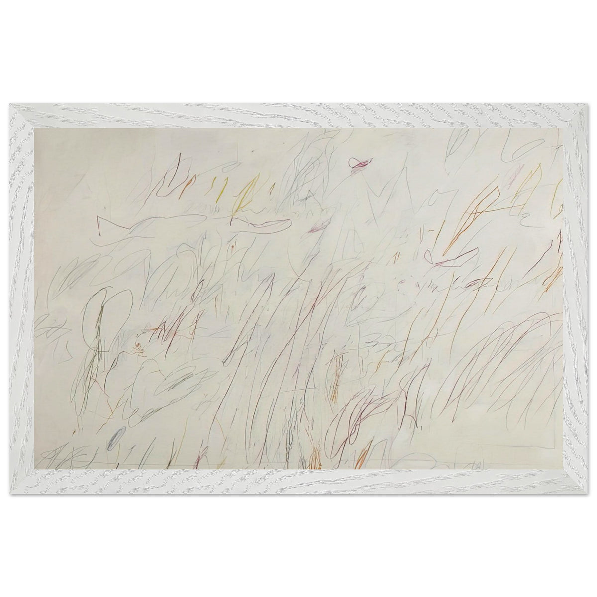 Sunset by Cy Twombly framed art print; featuring a soft ivory background covered with delicate pencil marks, flowing curves, spontaneous scribbles; size A1 (59.4 × 84.1 cm); white frame.