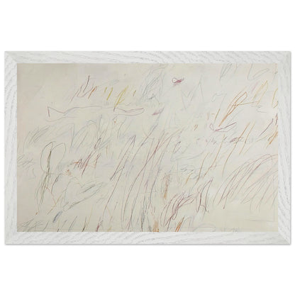Sunset by Cy Twombly framed art print; featuring a soft ivory background covered with delicate pencil marks, flowing curves, spontaneous scribbles; size A1 (59.4 × 84.1 cm); white frame.