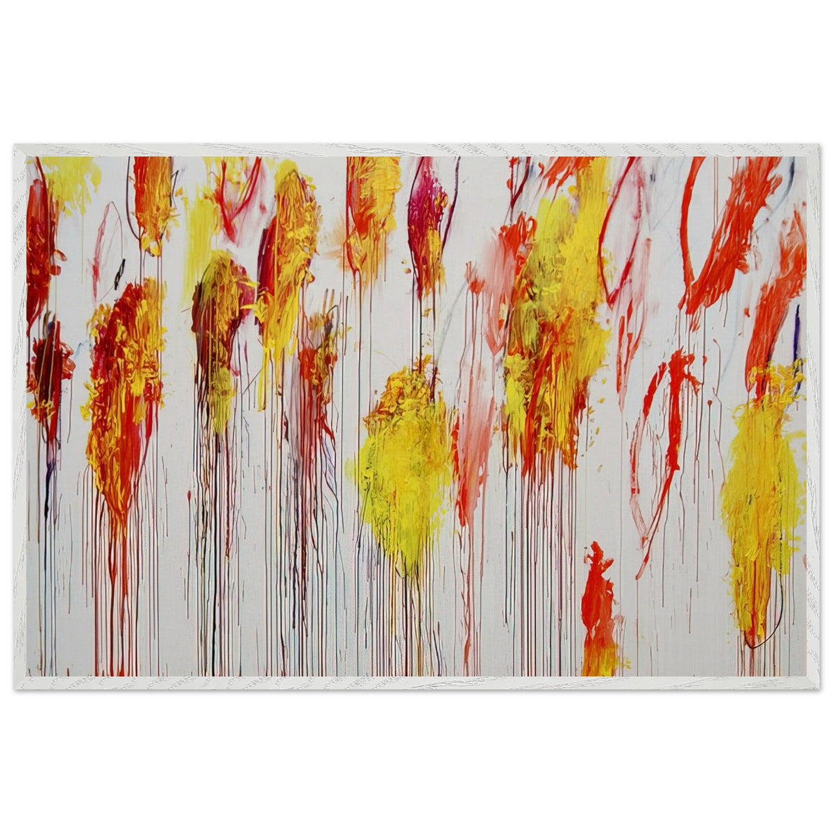 Lepanto, Part XII by Cy Twombly framed art print; featuring vibrant golden-yellow and orange brushstrokes, fiery red and crimson accents; size 50 × 70 cm (20 × 28 in); wood frame.
