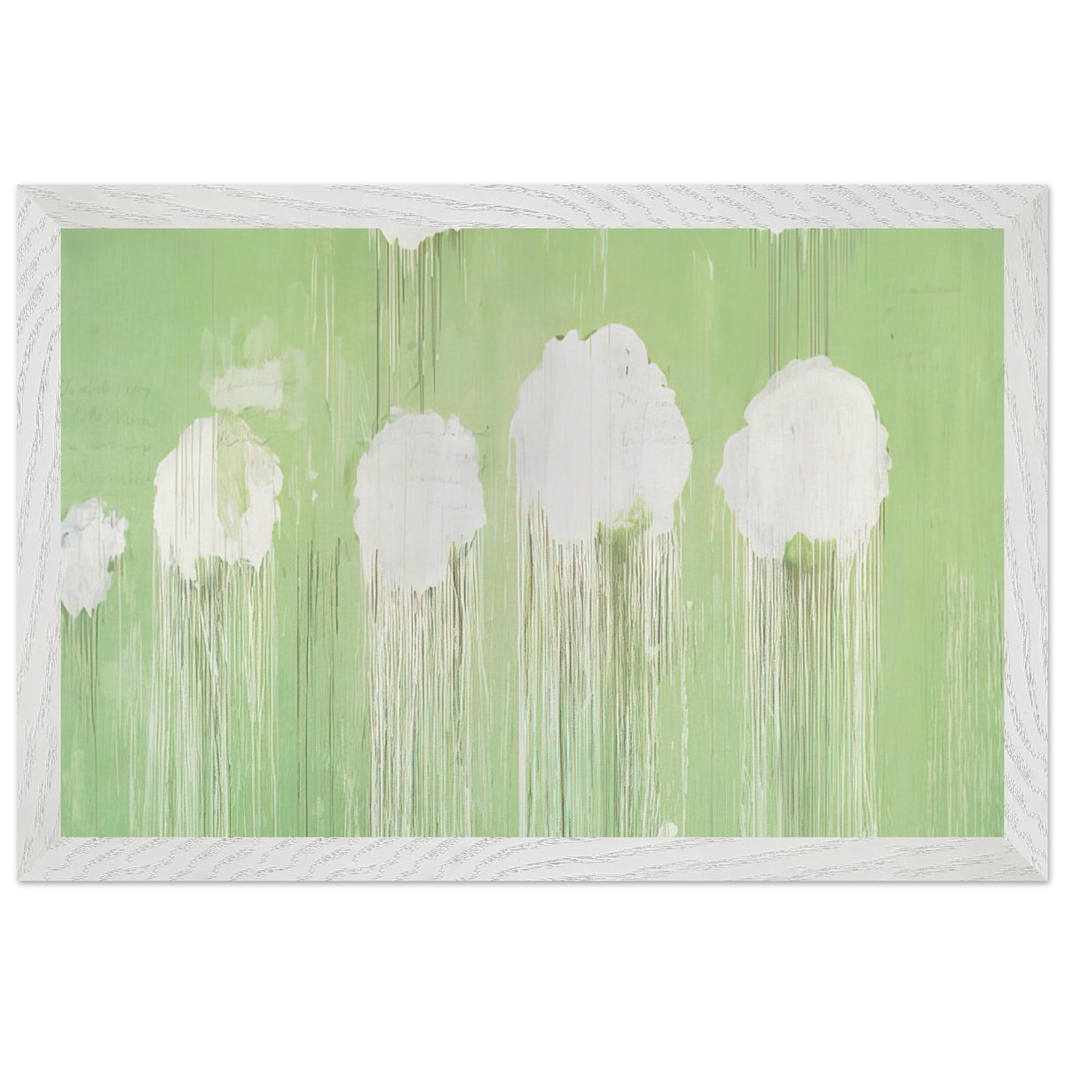 Untitled (Peony Blossom Painting) by Cy Twombly framed art print; featuring delicate white peony blossoms against a soft, luminous green background; size 30 × 45 cm (12 × 18 in); white frame.