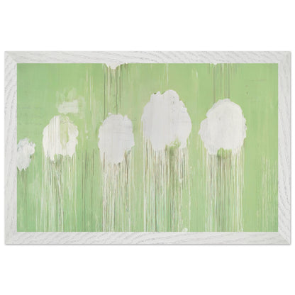 Untitled (Peony Blossom Painting) by Cy Twombly framed art print; featuring delicate white peony blossoms against a soft, luminous green background; size 30 × 45 cm (12 × 18 in); white frame.