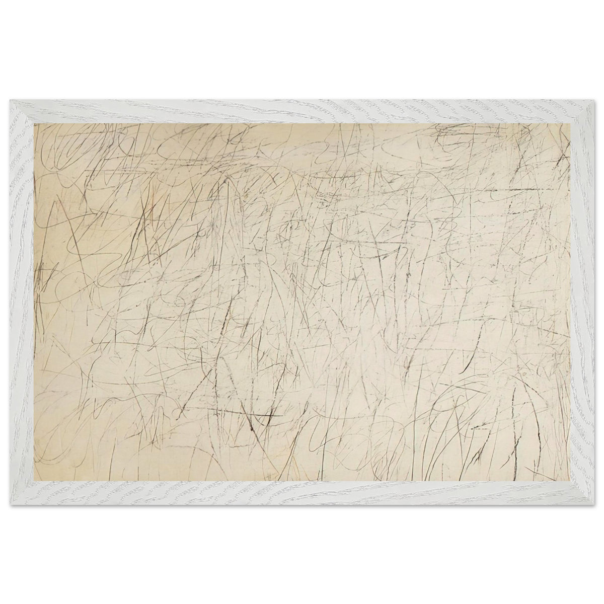 The Geeks by Cy Twombly framed art print; featuring an ivory and warm beige background covered with delicate pencil-like scribbles, intersecting lines; size 50 × 70 cm (20 × 28 in); black frame.