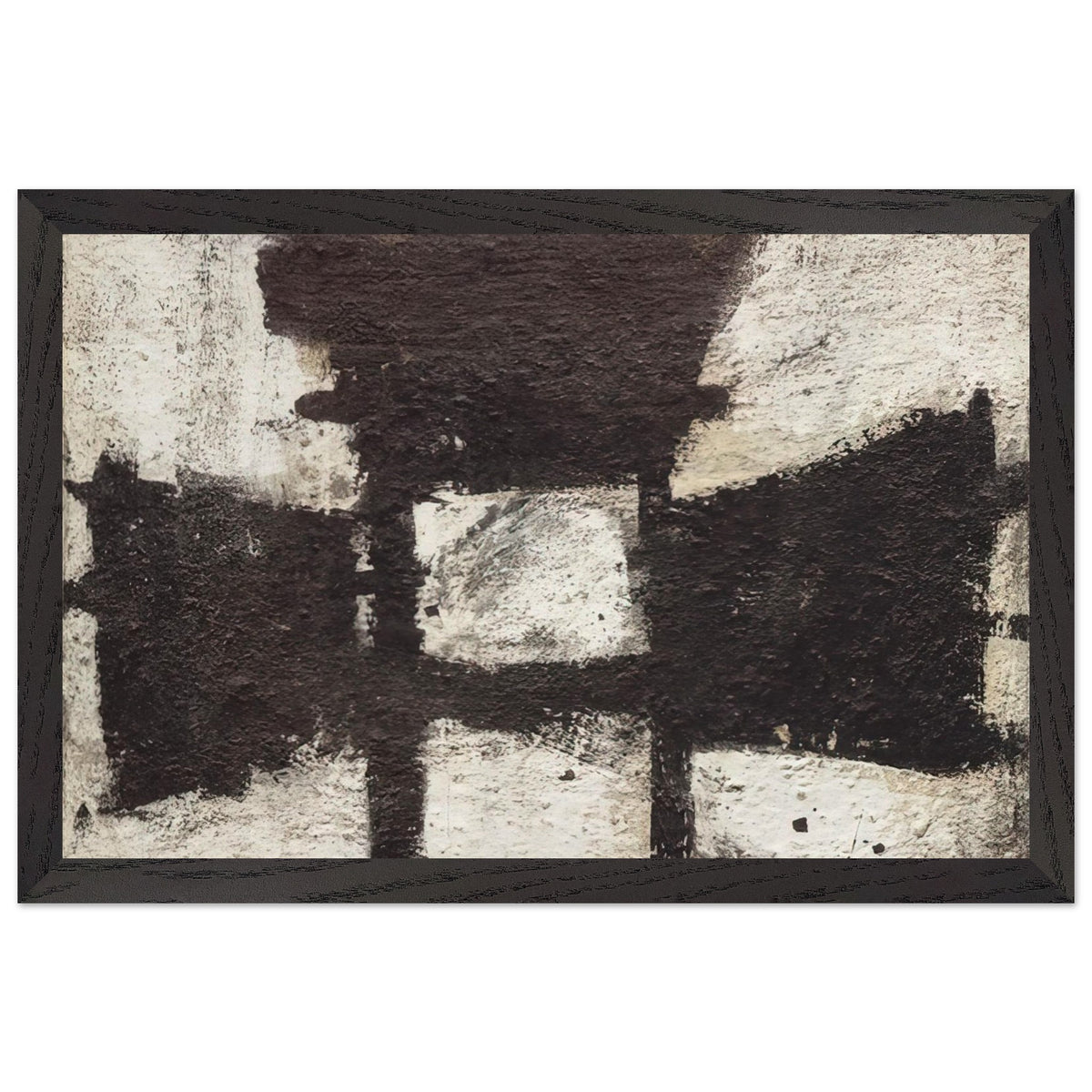 Zyig by Cy Twombly framed art print; featuring bold black and dark brown geometric forms against a textured ivory background; size 70 × 100 cm (28 × 40 in); white frame.