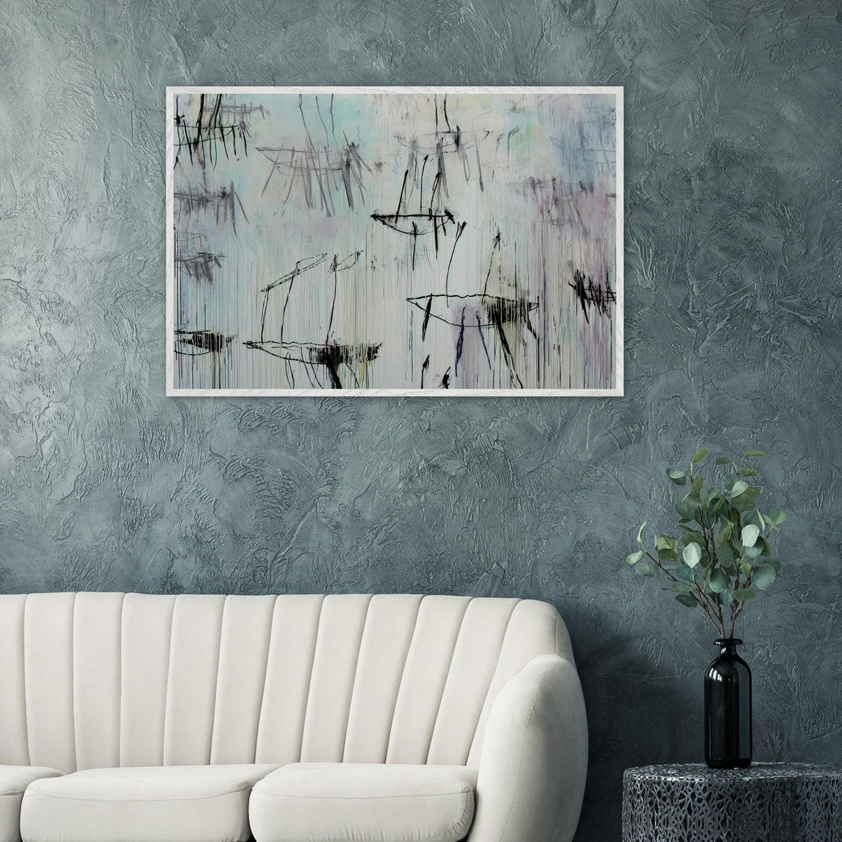Lepanto, Part V by Cy Twombly framed art print; featuring a pale blue and ivory background, expressive black lines, delicate gray marks, subtle pink undertones.