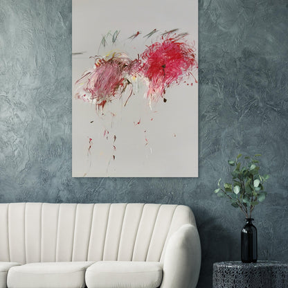 Nicola's Irises by Cy Twombly, poster; sweeping red and crimson brushstrokes, delicate pink accents, cool blue details, and dark gestural lines against a pale background