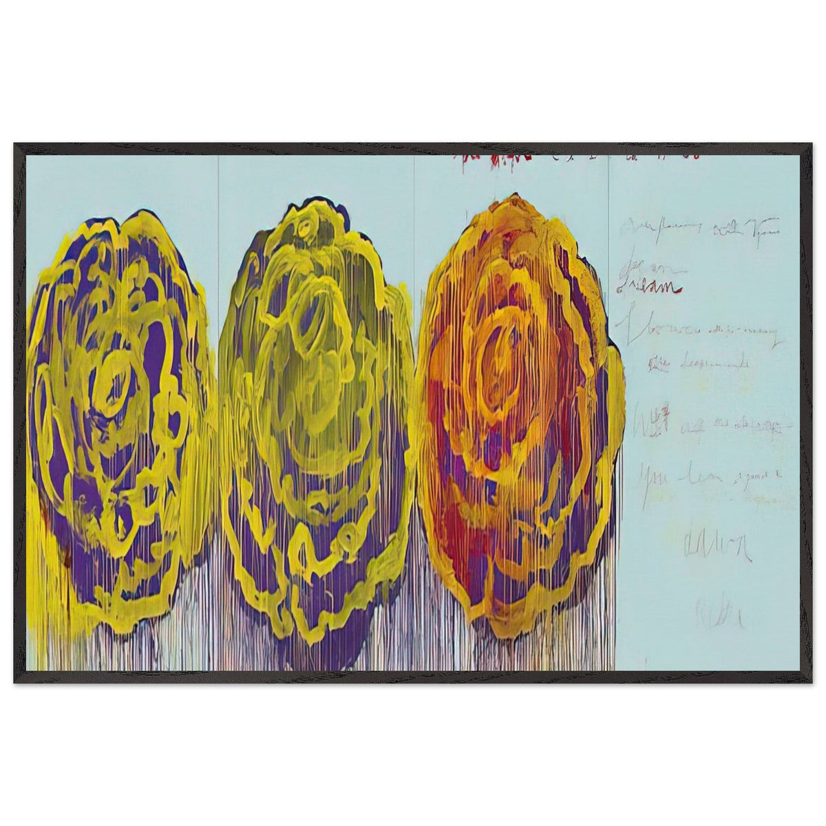The Rose (III) by Cy Twombly framed art print; featuring three oversized rose-like forms in vivid golden yellow, fiery orange, rich magenta; size 800 × 1200 mm (32 × 48 in); black frame.