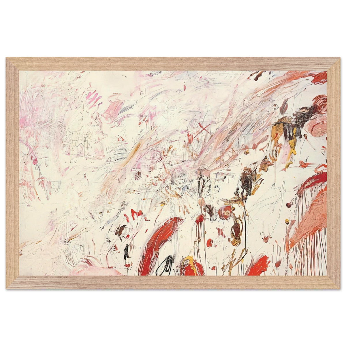 Ferragosto III by Cy Twombly framed art print; featuring energetic brushstrokes, delicate scribbles, and layered gestures in shades of red, pink, rust, orange, ochre; size A1 (59.4 × 84.1 cm); white frame.