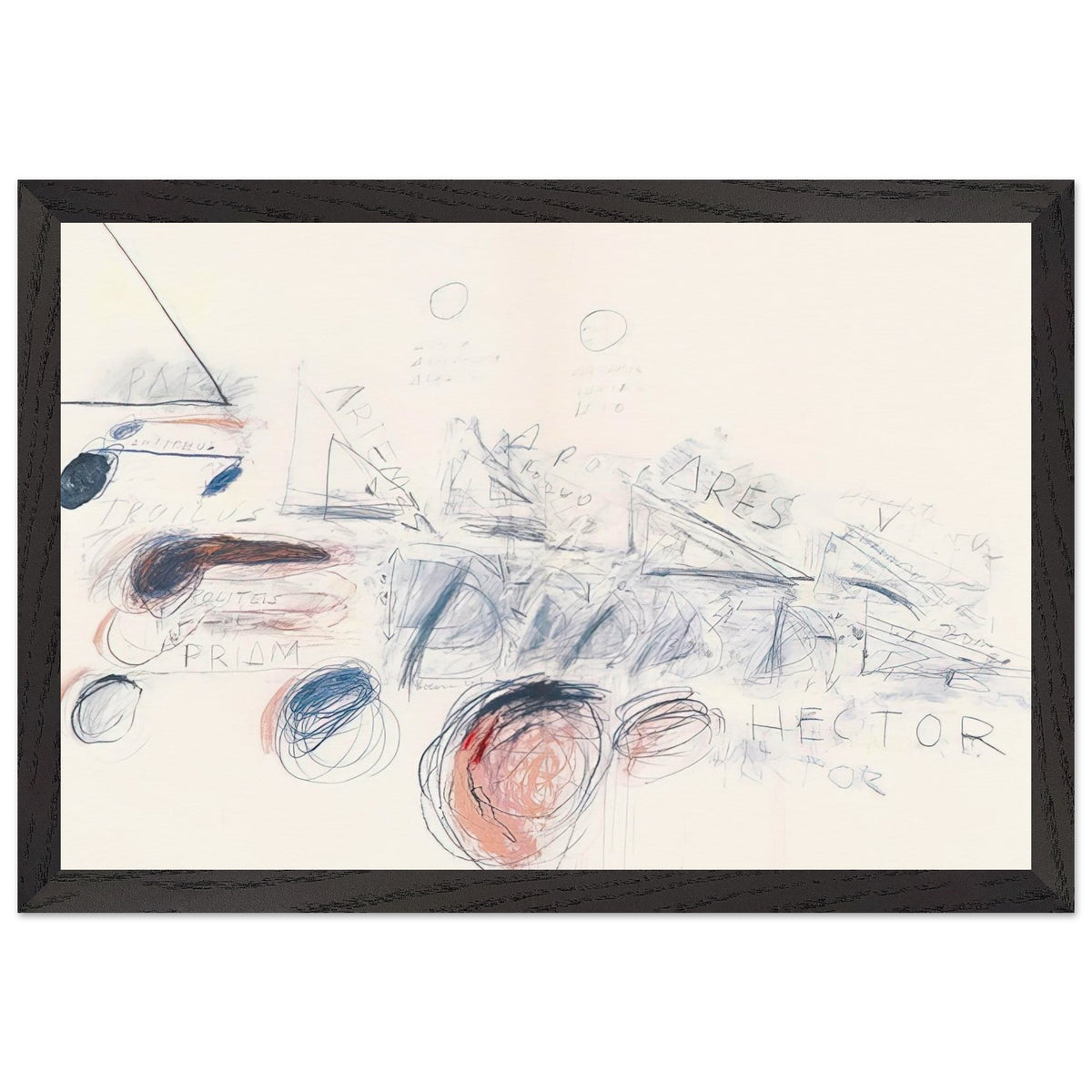 Fifty Days at Iliam: Ilians in Battle by Cy Twombly framed art print; featuring delicate blue-gray lines, energetic red marks, overlapping geometric shapes; size 28 × 43 cm (11 × 17 in); white frame.