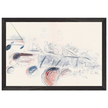 Fifty Days at Iliam: Ilians in Battle by Cy Twombly framed art print; featuring delicate blue-gray lines, energetic red marks, overlapping geometric shapes; size 28 × 43 cm (11 × 17 in); white frame.