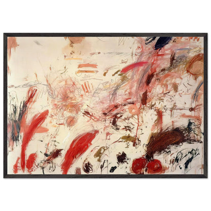 Ferragosto IV by Cy Twombly framed art print; featuring energetic red and pink brushstrokes, sweeping lines, layered marks, and contrasting accents of orange, brown; size 800 × 1200 mm (32 × 48 in); white frame.
