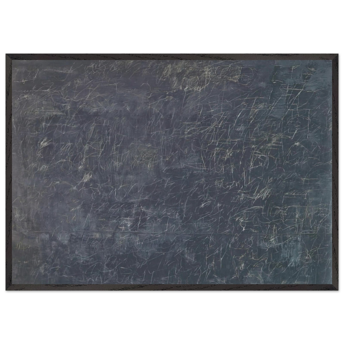 Panorama by Cy Twombly framed art print; featuring a deep charcoal-gray background covered with intricate white and pale-gray scribbles, intersecting lines; size 800 × 1200 mm (32 × 48 in); white frame.