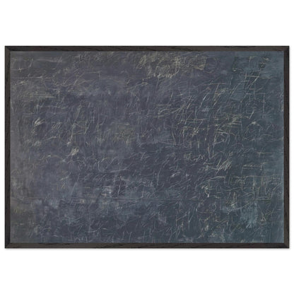 Panorama by Cy Twombly framed art print; featuring a deep charcoal-gray background covered with intricate white and pale-gray scribbles, intersecting lines; size 800 × 1200 mm (32 × 48 in); white frame.