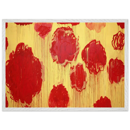 Untitled (Peonias Series) by Cy Twombly framed art print; featuring bold crimson-red and scarlet flower forms against a luminous golden-yellow background; size 28 × 43 cm (11 × 17 in); black frame.