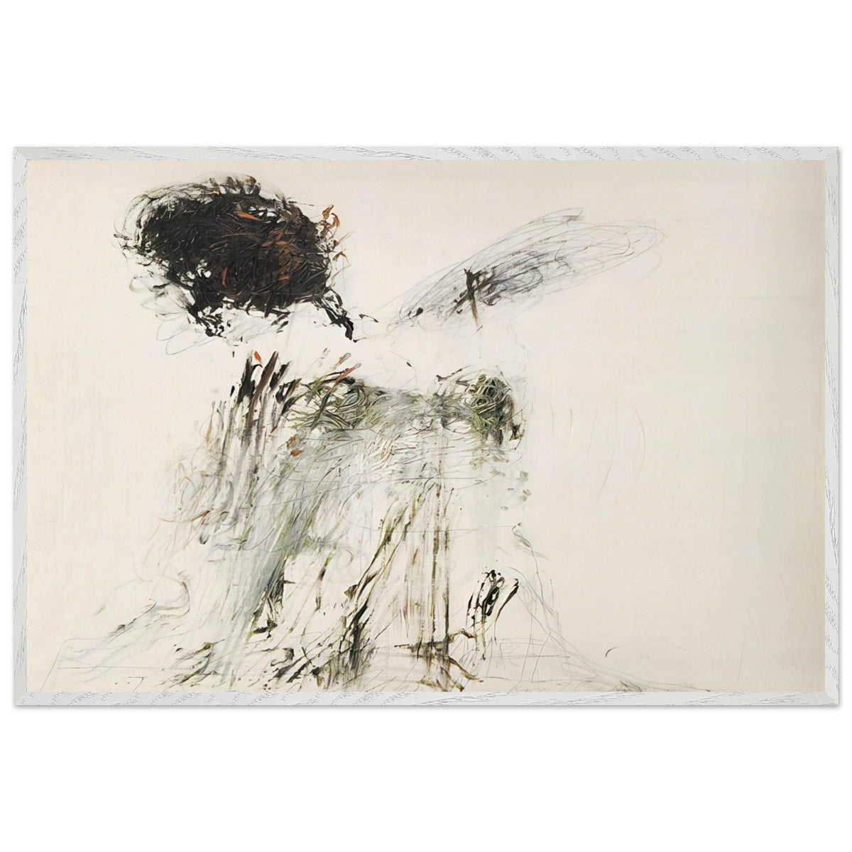 Ides of March by Cy Twombly framed art print; featuring a dramatic mass of black and dark brown marks in the upper-left area, delicate gray lines, earthy green accents; size 28 × 43 cm (11 × 17 in); white frame.