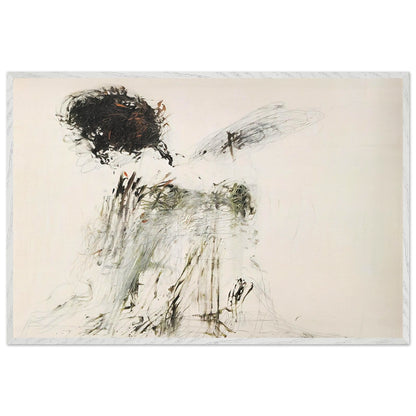 Ides of March by Cy Twombly framed art print; featuring a dramatic mass of black and dark brown marks in the upper-left area, delicate gray lines, earthy green accents; size 28 × 43 cm (11 × 17 in); white frame.