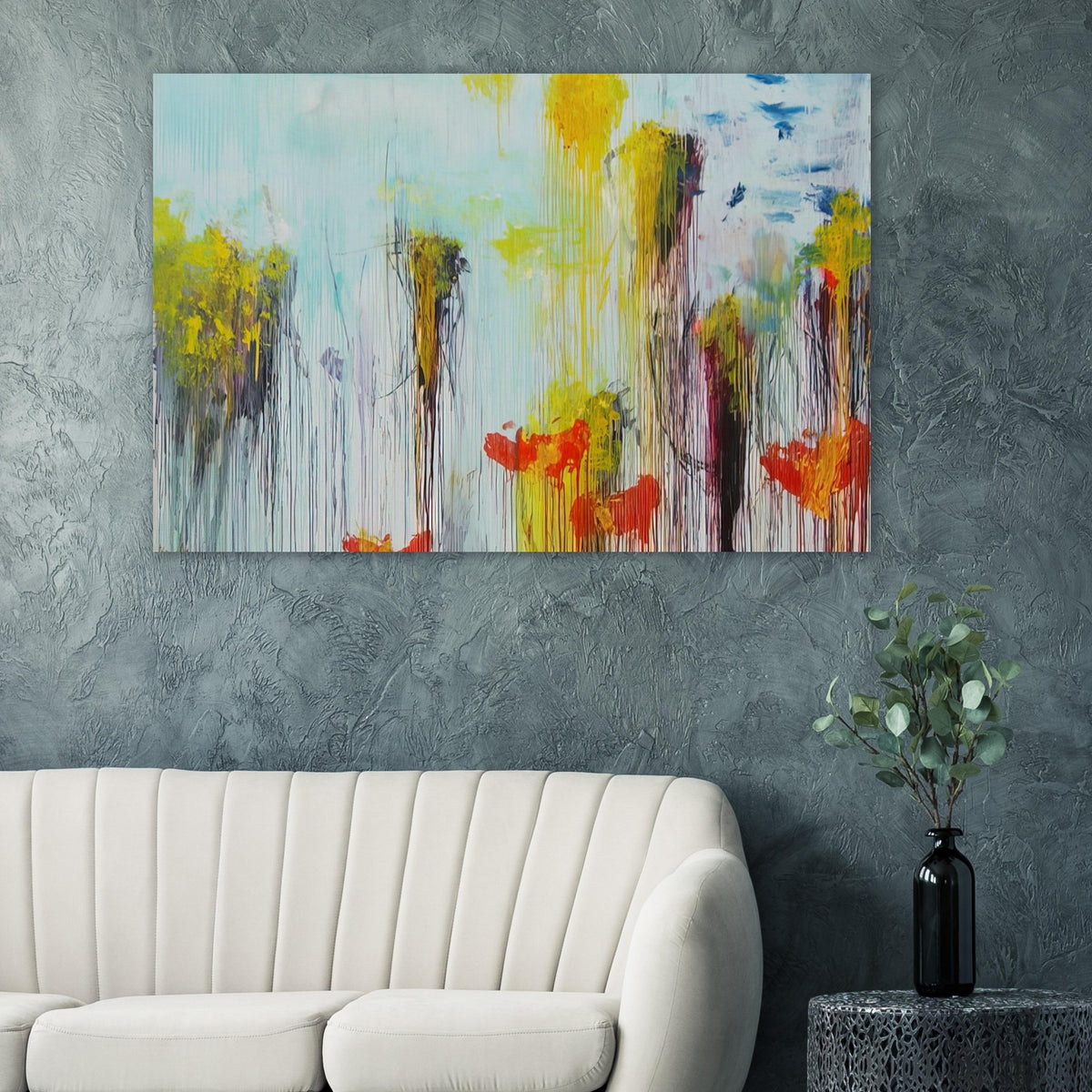 Lepanto, Part VII by Cy Twombly poster: This expressive composition features a luminous pale blue background layered with vivid yellow….