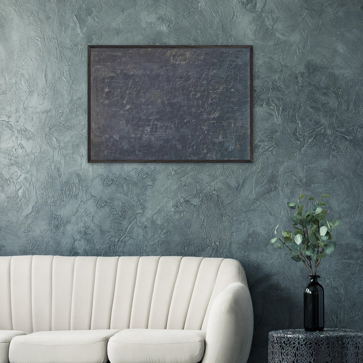Panorama by Cy Twombly framed art print; featuring a deep charcoal-gray background covered with intricate white and pale-gray scribbles, intersecting lines.