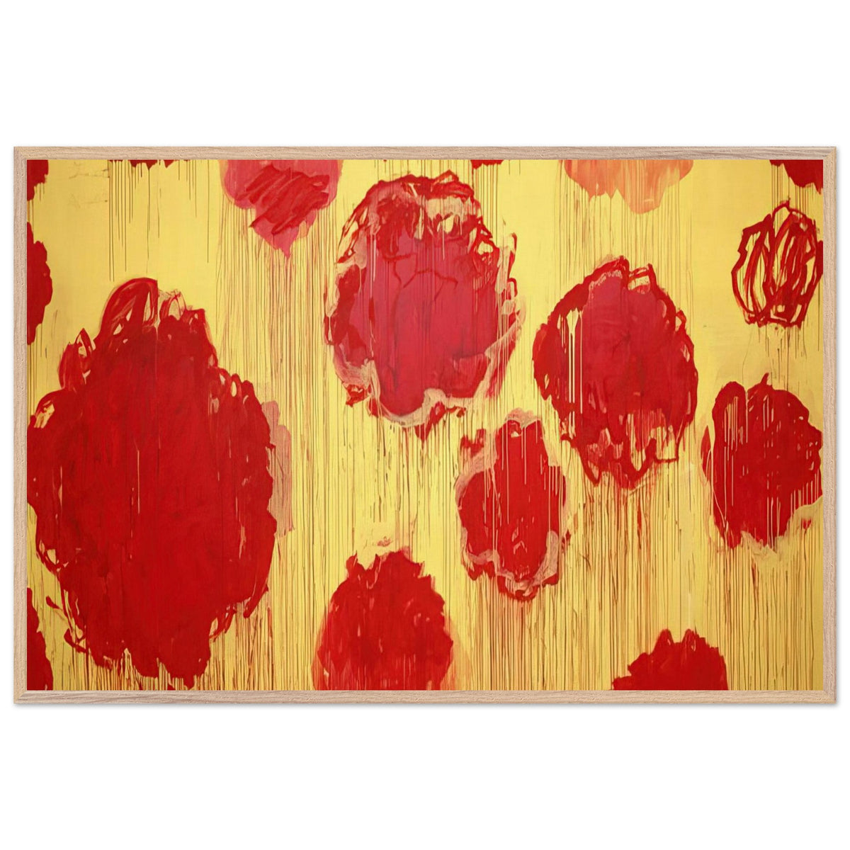 Untitled (Peonias Series) by Cy Twombly framed art print; featuring bold crimson-red and scarlet flower forms against a luminous golden-yellow background; size A1 (59.4 × 84.1 cm); white frame.
