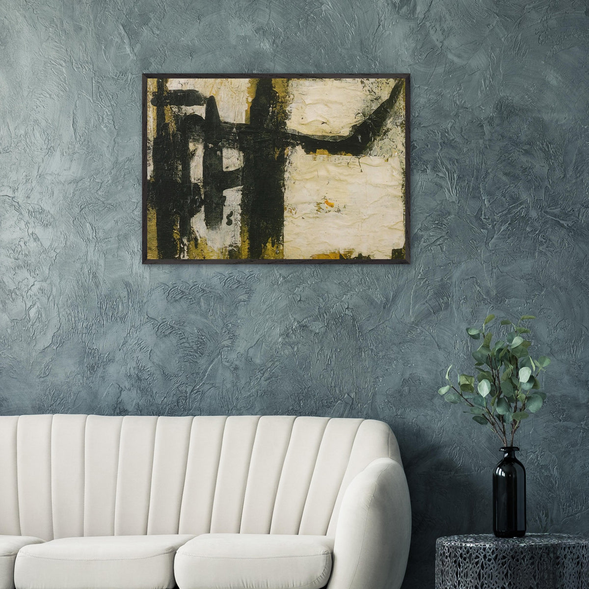 Landscape by Cy Twombly framed art print; featuring bold black and charcoal forms, textured ivory and cream surfaces, and subtle accents of ochre, olive green.