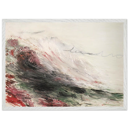 Hero and Leandro (A Painting in Four Parts) Part I by Cy Twombly framed art print; featuring sweeping white and pale gray brushstrokes, layered charcoal and black marks, subtle green tones; size 30 × 45 cm (12 × 18 in); wood frame.