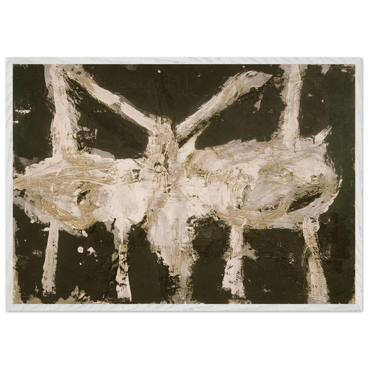 Min-Oe by Cy Twombly framed art print; featuring bold black and deep olive tones contrasted with expressive ivory and cream forms; size 70 × 100 cm (28 × 40 in); white frame.
