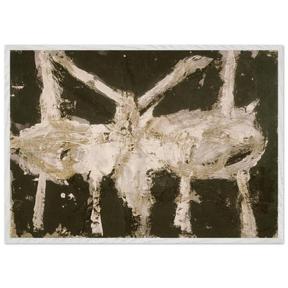 Min-Oe by Cy Twombly framed art print; featuring bold black and deep olive tones contrasted with expressive ivory and cream forms; size 70 × 100 cm (28 × 40 in); white frame.