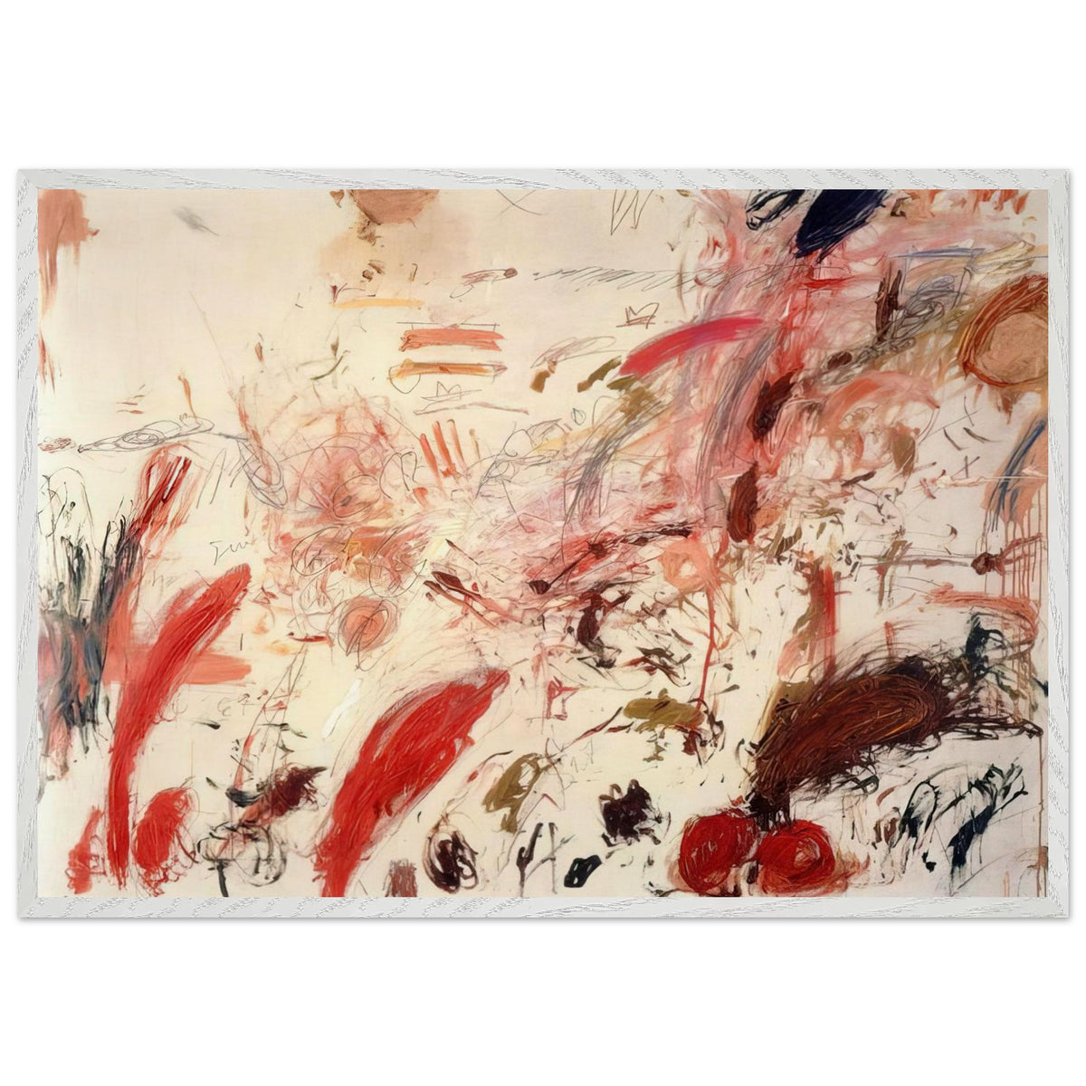 Ferragosto IV by Cy Twombly framed art print; featuring energetic red and pink brushstrokes, sweeping lines, layered marks, and contrasting accents of orange, brown; size 70 × 100 cm (28 × 40 in); black frame.