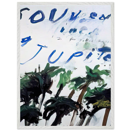 Souvenir of Jupiter by Cy Twombly, framed art print, handwritten lettering, gestural abstraction, 50x70 cm (20x28 in), white frame