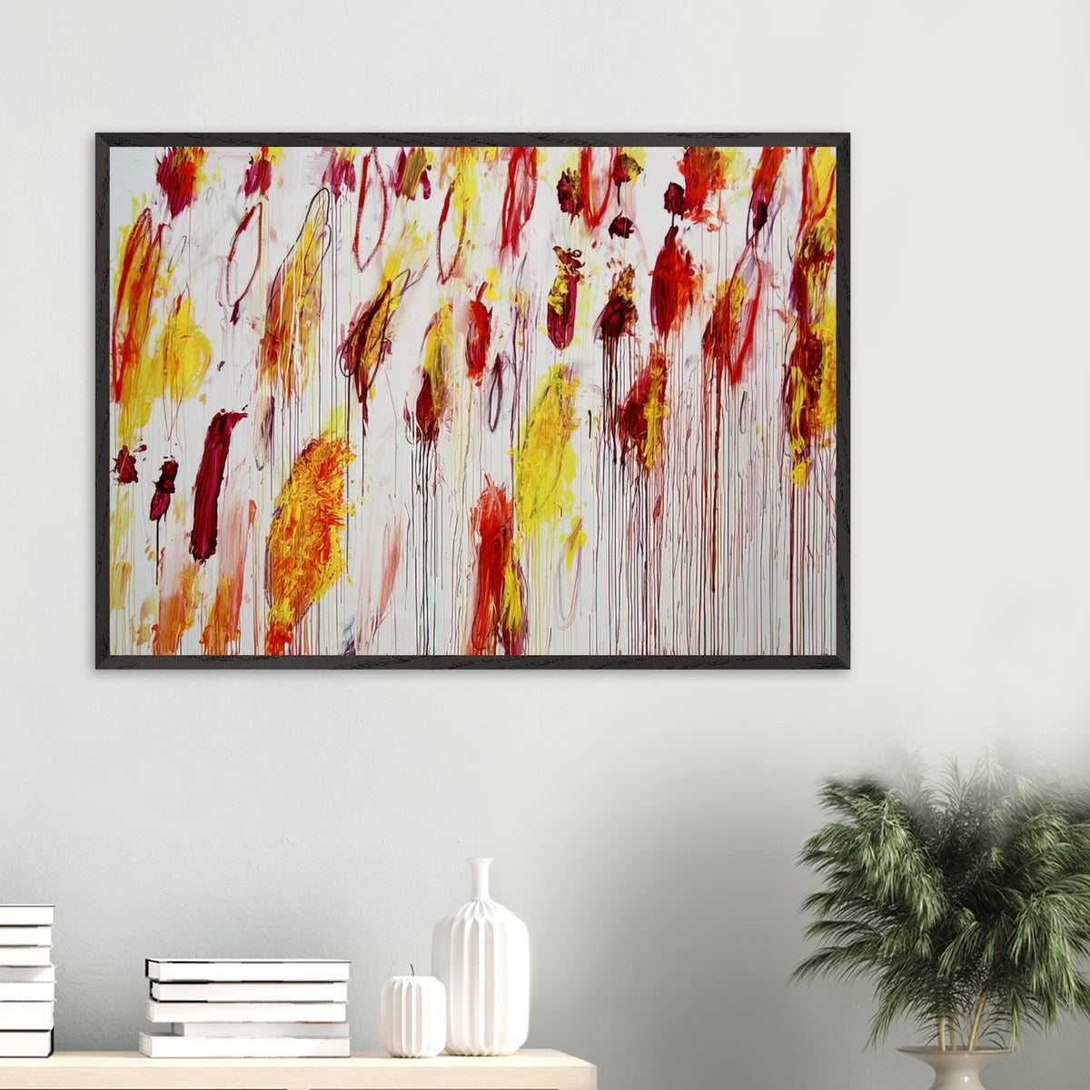 Lepanto, Part IV by Cy Twombly framed art print; featuring vivid yellow and golden-orange pigments, fiery red and crimson brushstrokes, delicate pink accents.