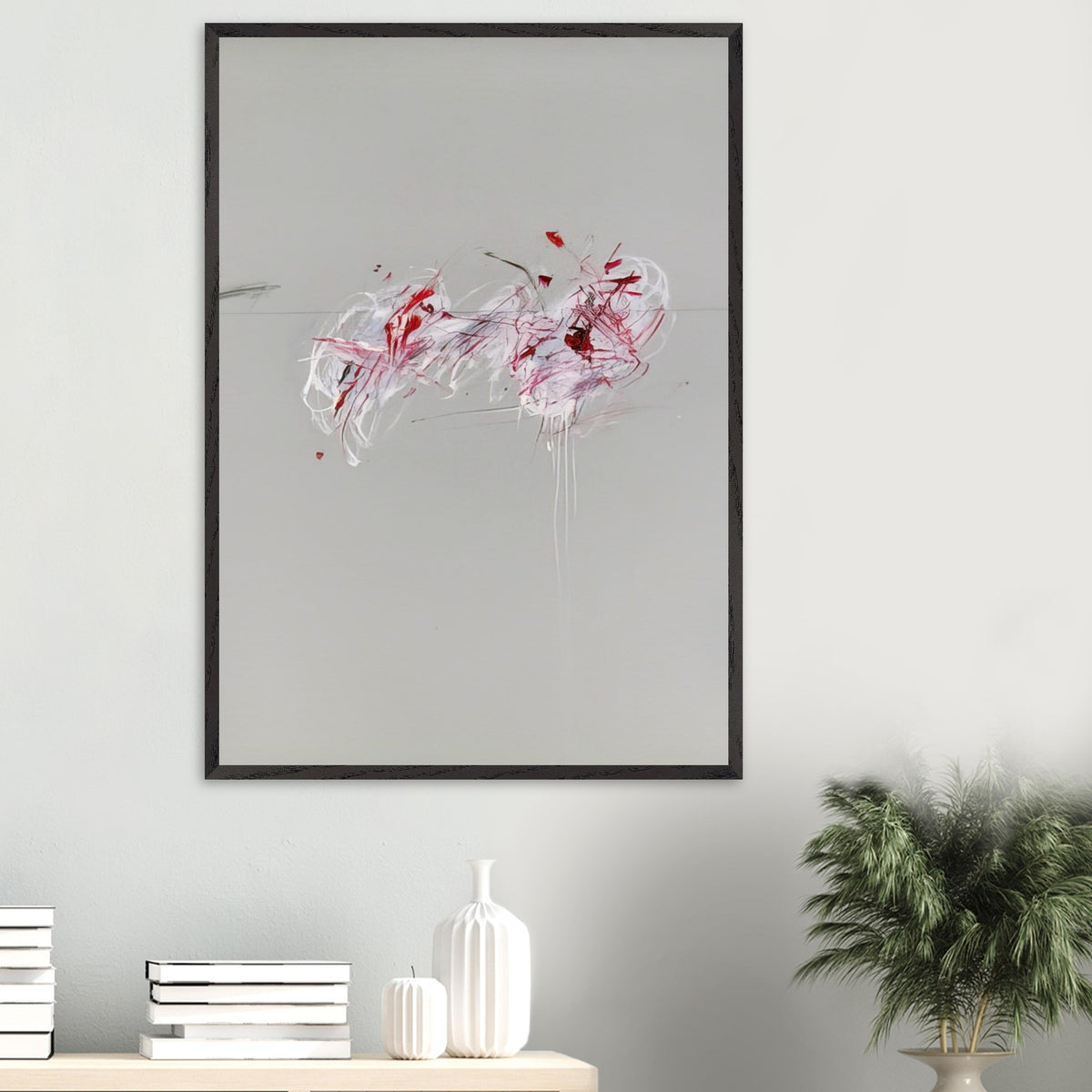 Nine Discourses on Commodus, Part II by Cy Twombly, framed art print; a restrained gray background, expressive red and crimson forms, delicate white brushstrokes, and intricate dark lines