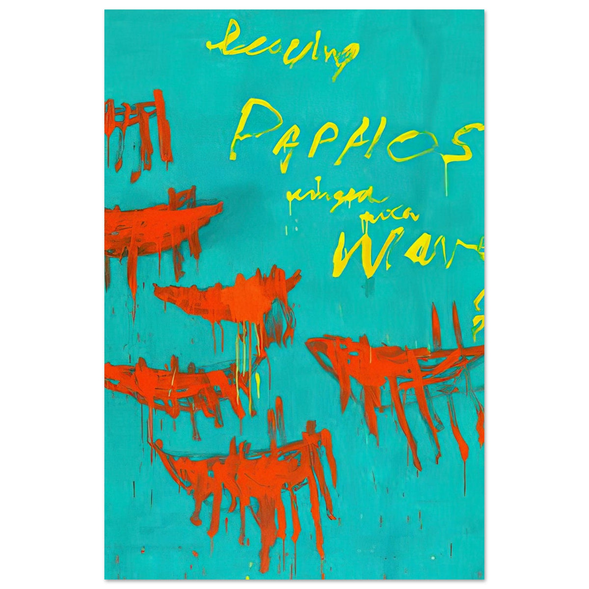 Leaving Paphos Ringed with Waves (III) by Cy Twombly, poster, 20x25 cm / 8x10″; a turquoise background with bold orange-red boat-like forms and spontaneous yellow handwritten lettering