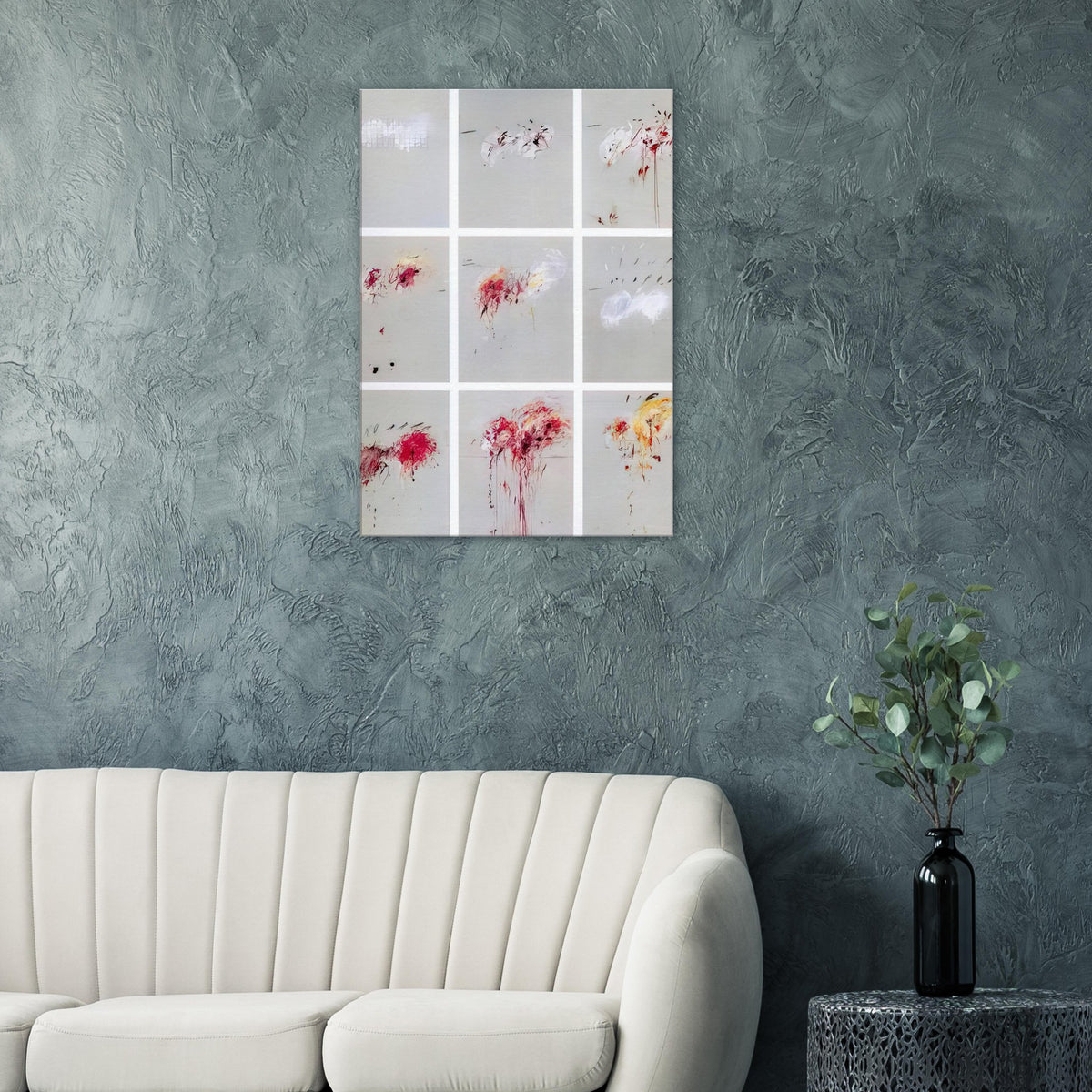 Nine Discourses on Commodus by Cy Twombly, canvas print, muted gray background with expressive red and crimson gestures