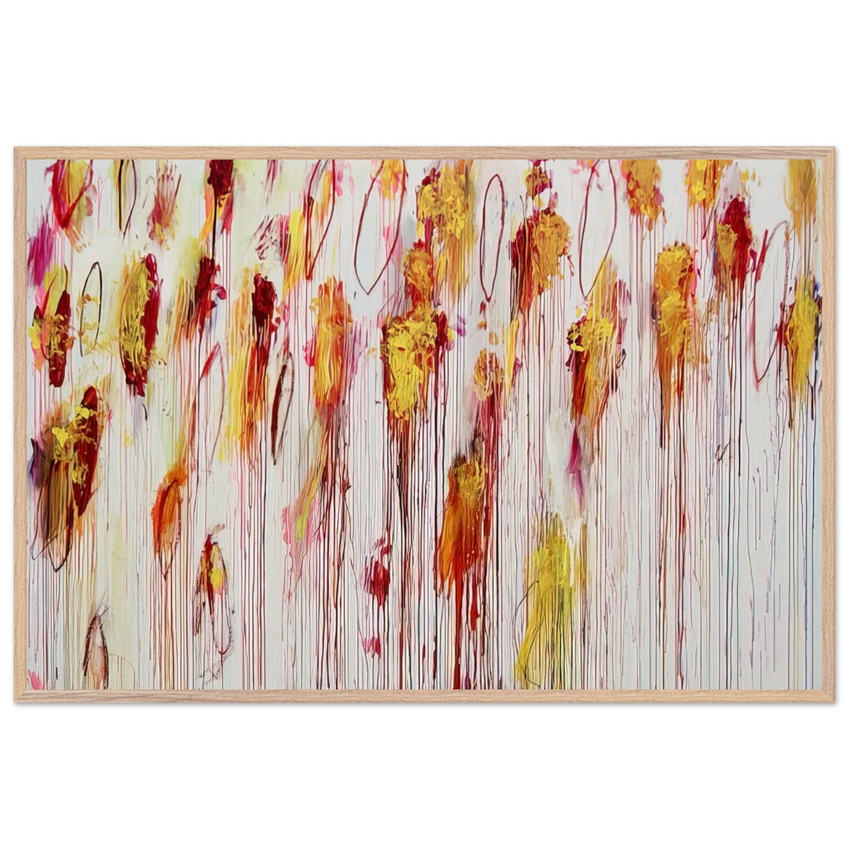 Lepanto, Part VIII by Cy Twombly framed art print; featuring vivid golden-yellow and orange brushstrokes, deep crimson and burgundy accents, delicate pink marks; size 28 × 43 cm (11 × 17 in); white frame.