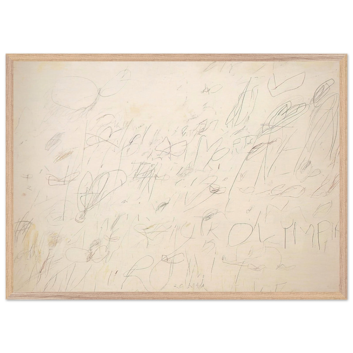 Olympia by Cy Twombly framed art print; featuring a warm ivory and pale cream background covered with delicate pencil-like lines, overlapping scribbles; size 60 × 90 cm (24 × 36 in); wood frame.