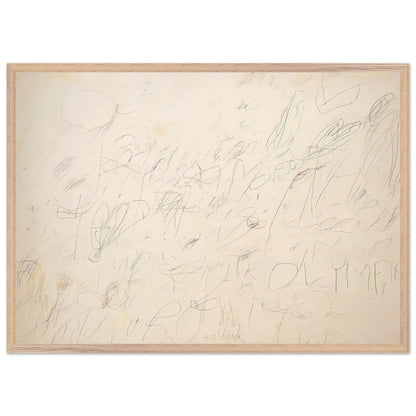 Olympia by Cy Twombly framed art print; featuring a warm ivory and pale cream background covered with delicate pencil-like lines, overlapping scribbles; size 60 × 90 cm (24 × 36 in); wood frame.