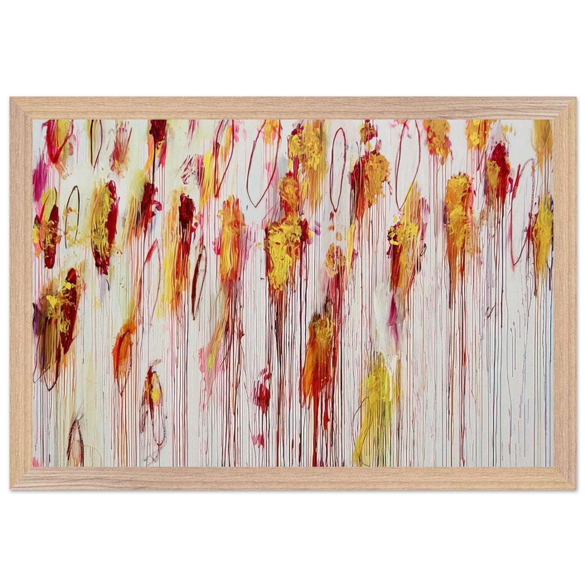 Lepanto, Part VIII by Cy Twombly framed art print; featuring vivid golden-yellow and orange brushstrokes, deep crimson and burgundy accents, delicate pink marks; size 70 × 100 cm (28 × 40 in); black frame.