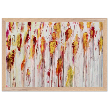 Lepanto, Part VIII by Cy Twombly framed art print; featuring vivid golden-yellow and orange brushstrokes, deep crimson and burgundy accents, delicate pink marks; size 70 × 100 cm (28 × 40 in); black frame.
