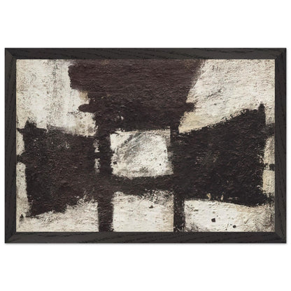 Zyig by Cy Twombly framed art print; featuring bold black and dark brown geometric forms against a textured ivory background; size 50 × 70 cm (20 × 28 in); white frame.