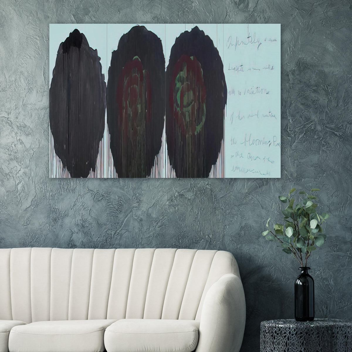 The Rose (V) by Cy Twombly poster: This expressive composition features three large, rose-inspired forms dominated by deep black, burgundy….