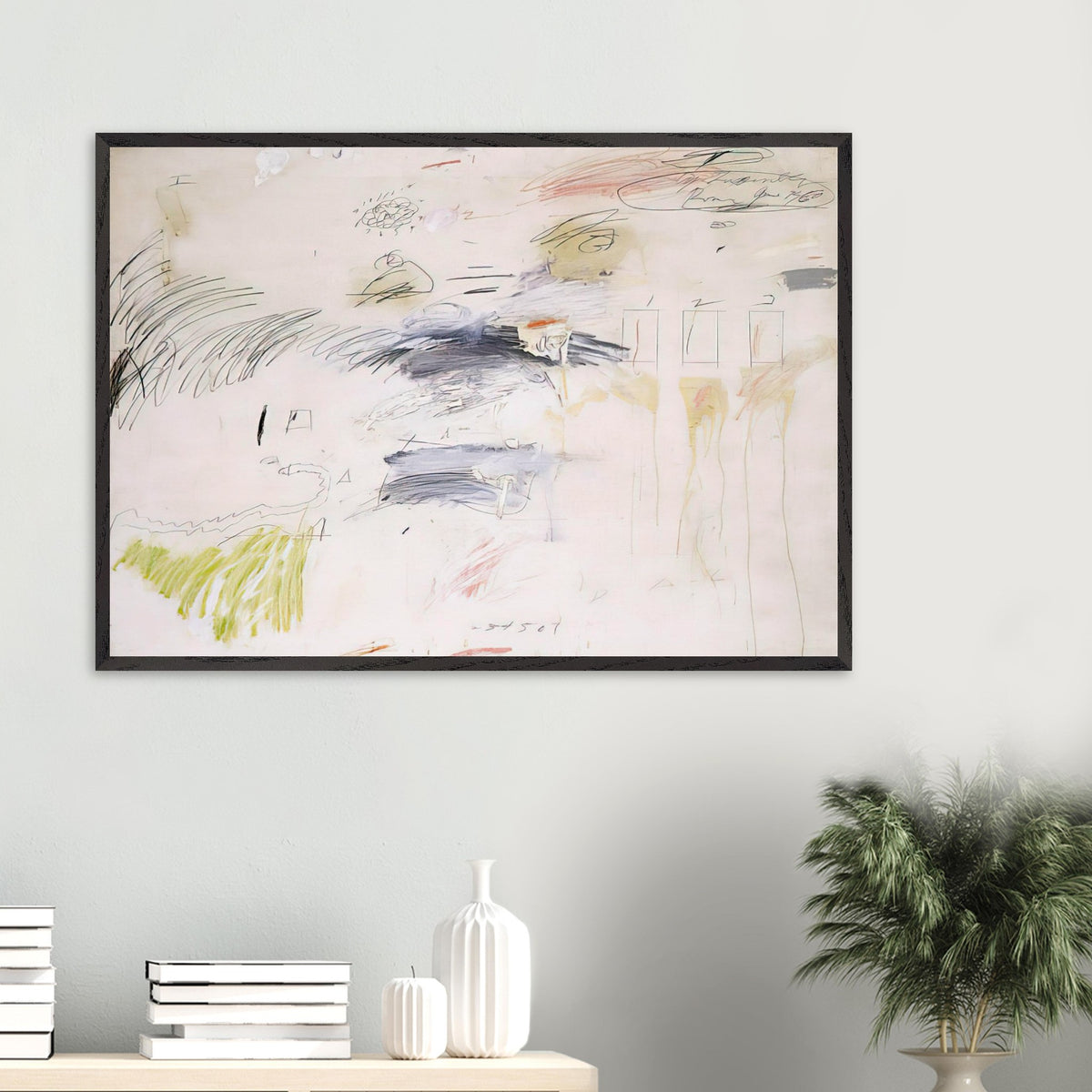 Untitled, Rome by Cy Twombly framed art print; featuring a warm ivory background layered with spontaneous black and charcoal lines, delicate pencil-like gestures.