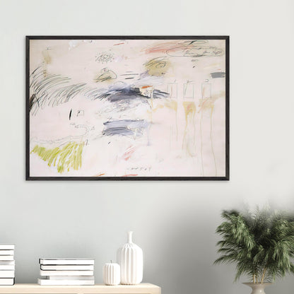 Untitled, Rome by Cy Twombly framed art print; featuring a warm ivory background layered with spontaneous black and charcoal lines, delicate pencil-like gestures.