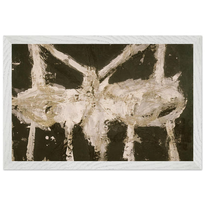 Min-Oe by Cy Twombly framed art print; featuring bold black and deep olive tones contrasted with expressive ivory and cream forms; size 28 × 43 cm (11 × 17 in); wood frame.