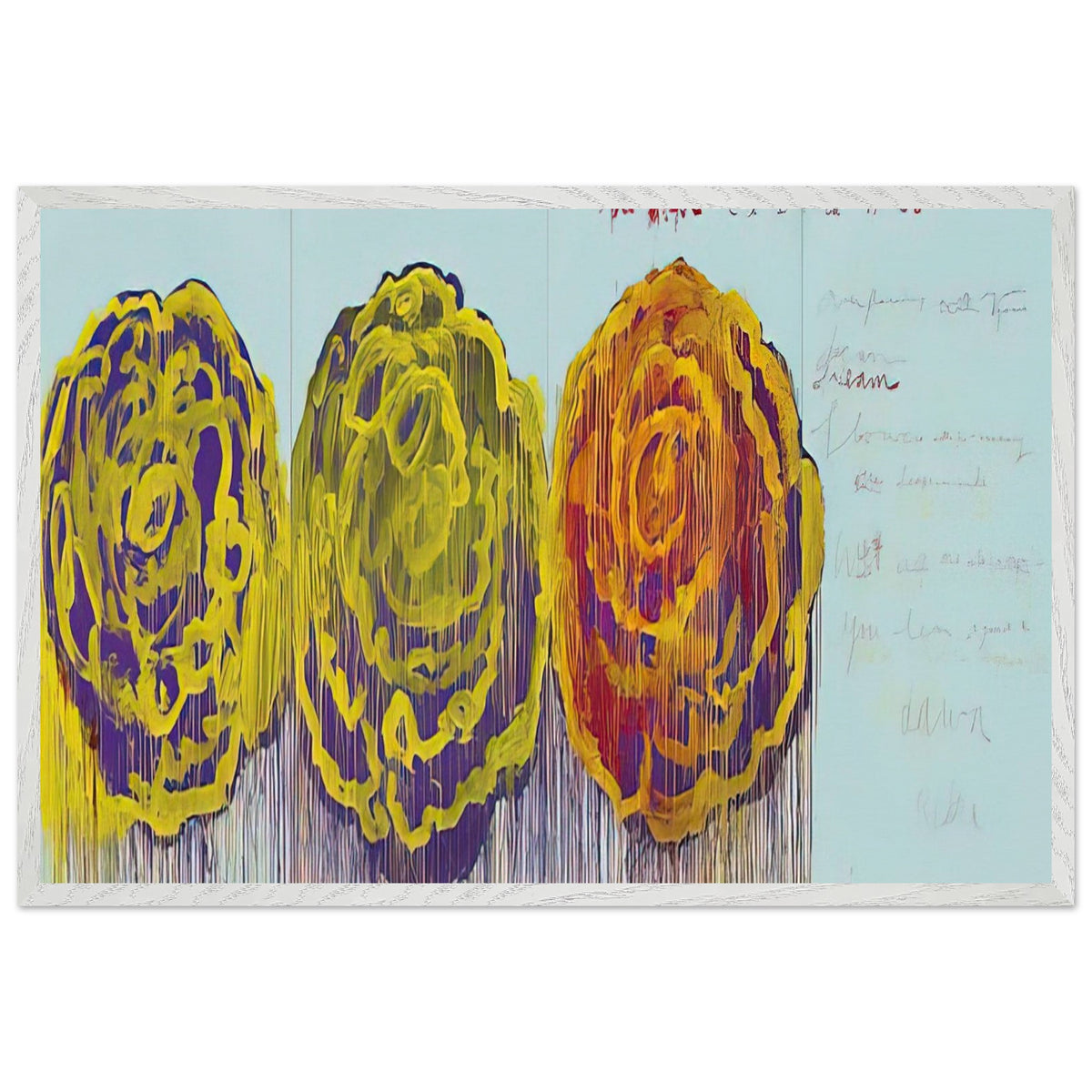 The Rose (III) by Cy Twombly framed art print; featuring three oversized rose-like forms in vivid golden yellow, fiery orange, rich magenta; size A1 (59.4 × 84.1 cm); wood frame.