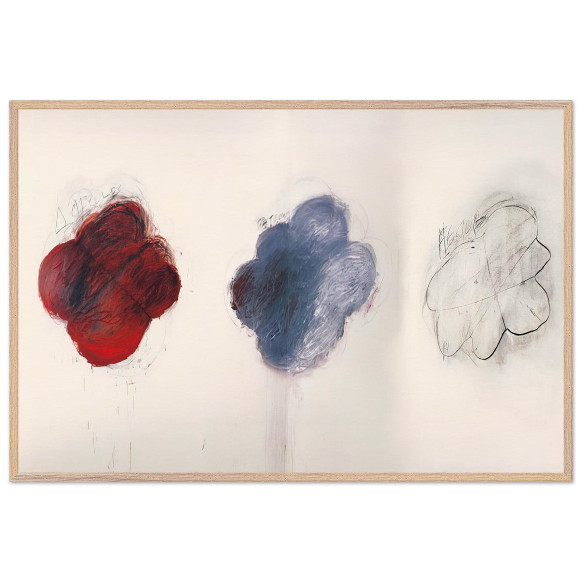 Fifty Days at Iliam: Shades of Achilles, Patroclus, and Hector by Cy Twombly framed art print; featuring three large, cloud-like forms arranged horizontally against a luminous ivory background; size 30 × 45 cm (12 × 18 in); wood frame.