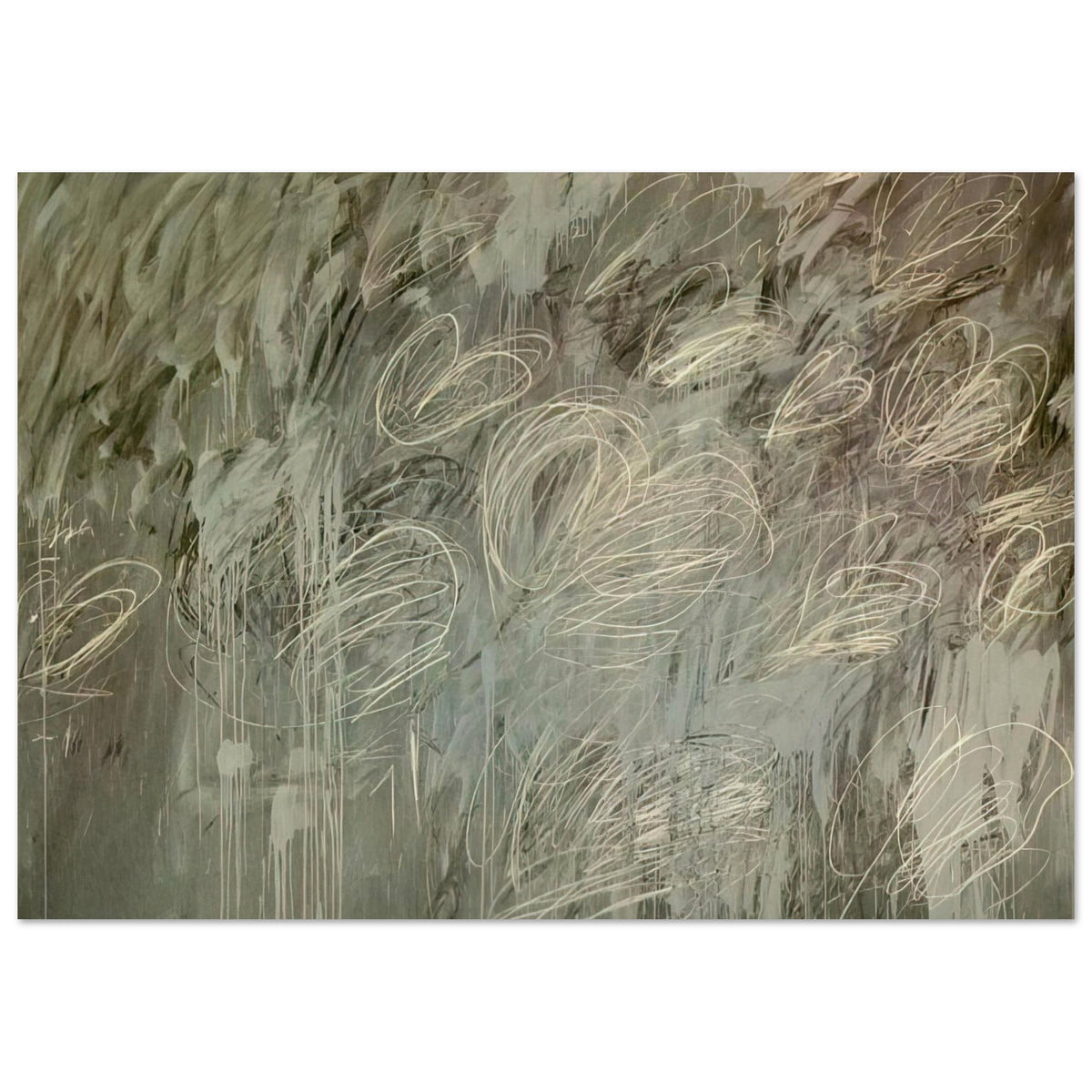III Notes from Salalah (Note II) by Cy Twombly poster, 60 × 90 cm / 24 × 36 in: This expressive composition features a layered gray-green background covered with delicate ivory and pale….