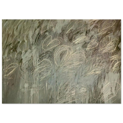 III Notes from Salalah (Note II) by Cy Twombly poster, 60 × 90 cm / 24 × 36 in: This expressive composition features a layered gray-green background covered with delicate ivory and pale….
